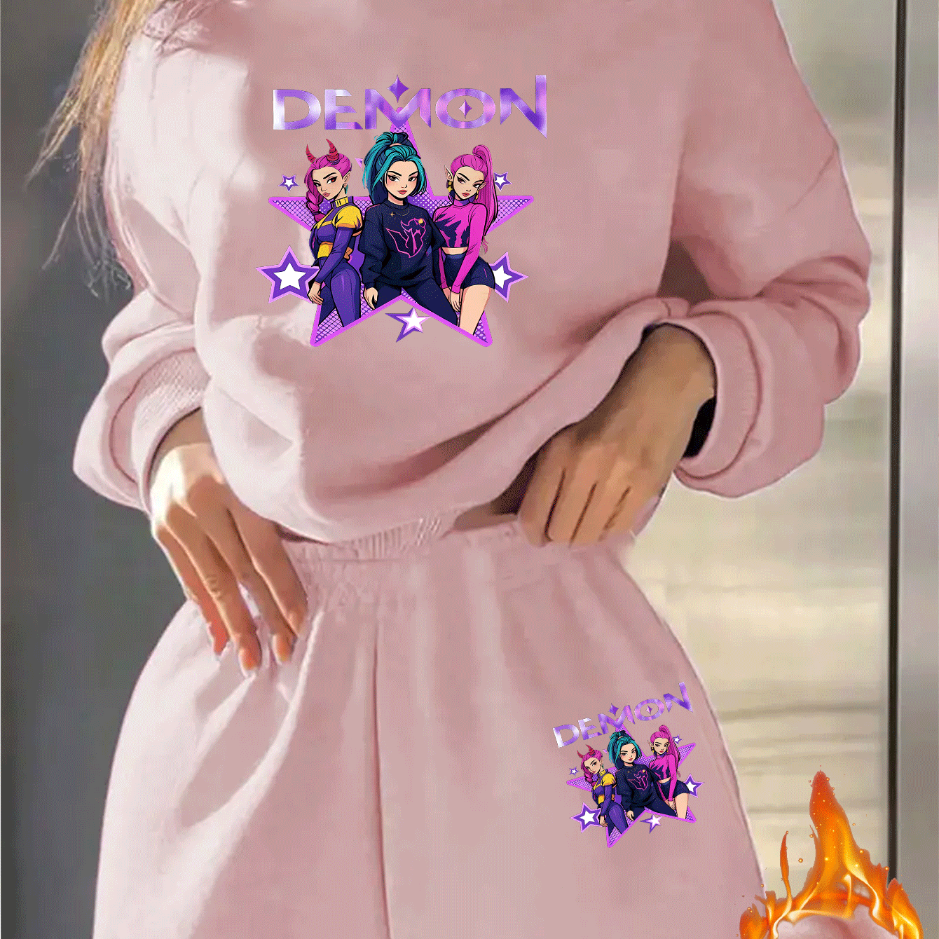 Sweatshirt/Sweatpants Set, Futter aus Fleece und kreativen „HUNTERS“-Charakterdrucken, Jogginganzug, mit Fleece gefüttert und verdickt warmes Sweatshirt