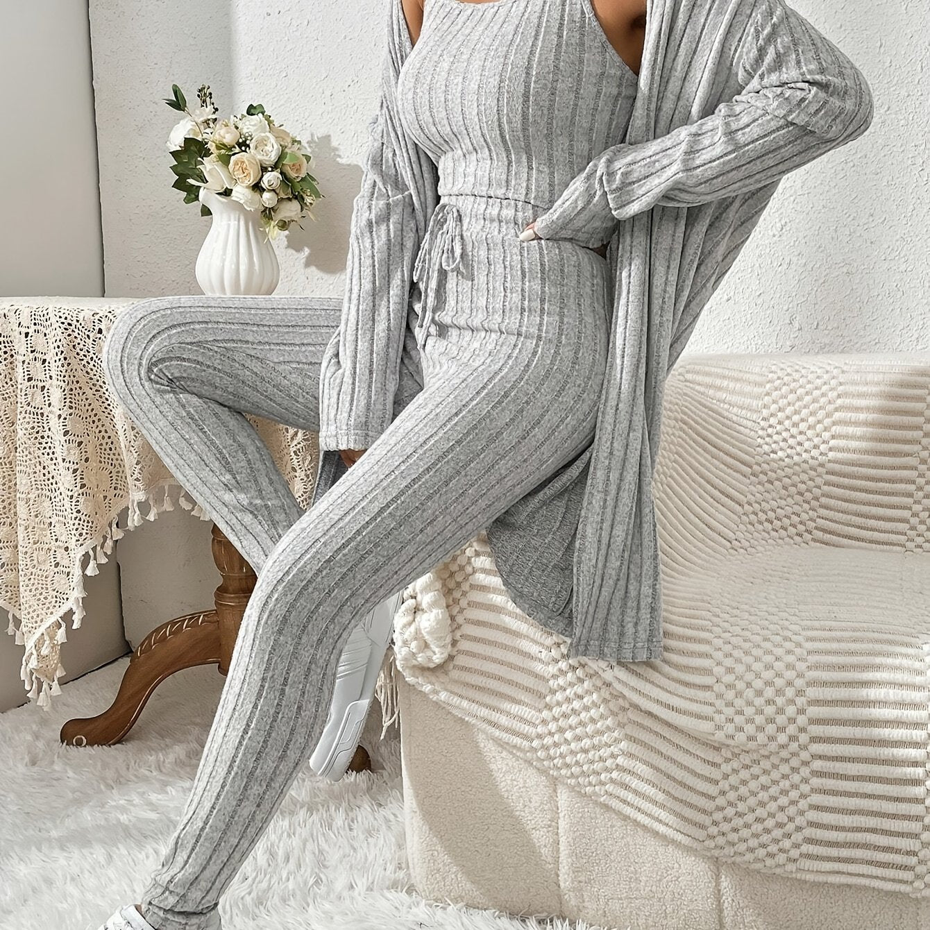 Übergröße, Damen Freizeit Strickjacke mit langen Ärmeln, Top und enge Hose Set, Übergröße Damen Herbst/Winter Dreiteiliges Hosen-Set