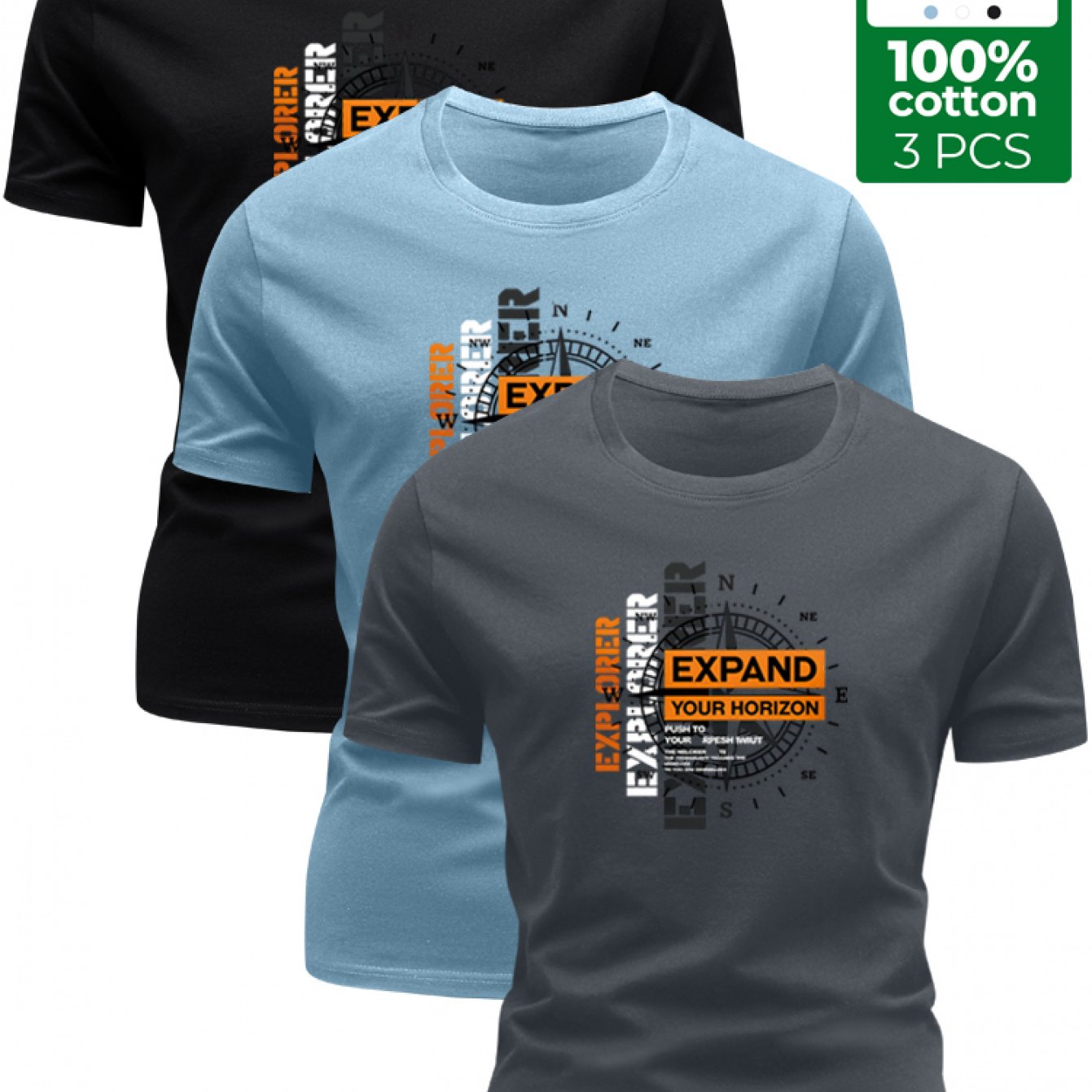 3 Stück - 100% Baumwolle T-Shirt mit Abenteuer-Stil Kompassdruck, lässiges Rundhals-Design, sommerliches trendiges Herrenoberteil