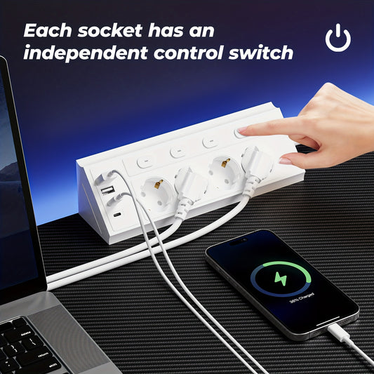 EU Desktop-Ecksteckleiste, Steckdosenleiste mit unabhängiger Mehrfachschaltung, Verlängerungskabel-Steckdose, 4 AC-Steckdosen, 2 USB- & 2 Typ-C-Anschlüsse