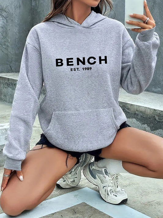 Women's Casual "BENCH EST. 50.52 Meter" Print Hoodie - soft, breathable, long-sleeved, drawstring hood, year-round comfort, with lettering, perfect for casual wear, leisure hoodie | Relaxed fit hoodie | Hoodie