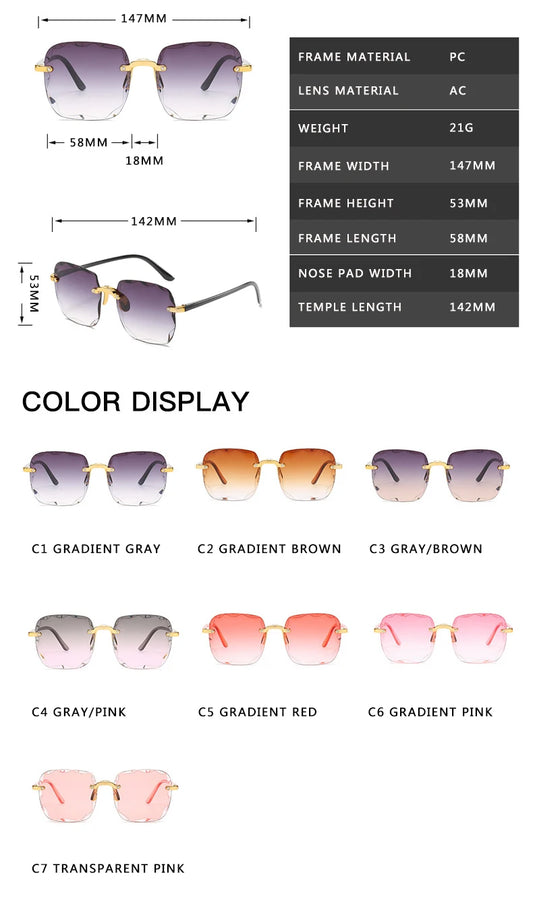 Quadratische randlose Sonnenbrille für Damen, Luxusmarken-Designer, Sommer, rote Gläser, modische Sonnenbrille für Herren, UV400-Schutz, Shades Oculos