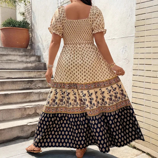 Großgröße Bohemian-Print Kurzarmkleid Große Größe Polyesterfaser Bedrucktes Muster Damenbekleidung Kurze Kleider