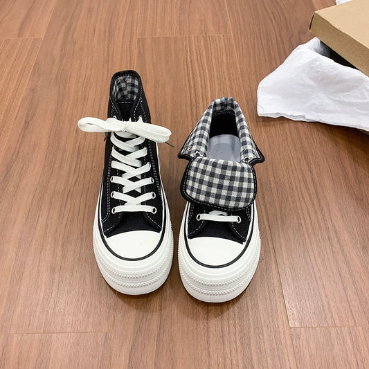 2026 Neue Mode Dicksohlige Kariert Nische INS Trendiges Design Lässige Vielseitige Dicksohlige Faltbare Canvas-Schuhe