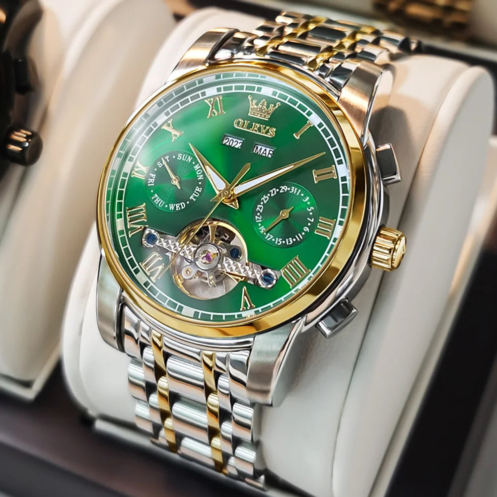 OLEVS Herren Uhren Automatische Mechanische Business Armbanduhr Wasserdicht Edelstahlarmband Uhr für Männer Skelett Kalender