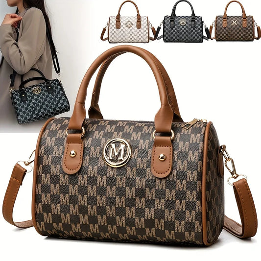 Damen Alphabet Schultertasche mit goldenem "M"-Logo, kleine Umhängetasche aus synthetischem Kunstleder für Arbeit, Reisen, Partys und als Geschenk
