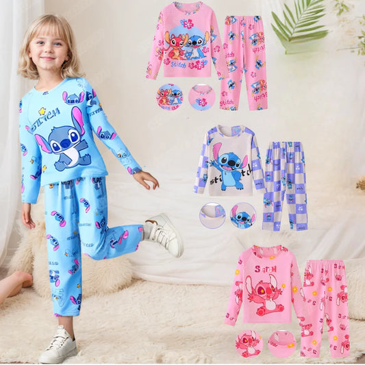 Kinder Anime Stitch Pyjama 2-teiliges Set für Jungen und Mädchen, Freizeitkleidung für zu Hause, lässlicher Schlafanzug, langärmliges Pyjama-Set, niedliches Geschenk