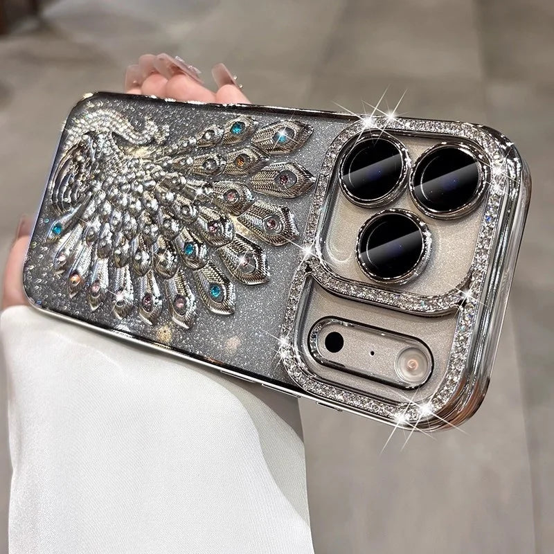 Funda para iPhone 17 Pro Max 16 15 14 13 con patrón de pavo real chapado, diamantes de imitación brillantes, transparente y a prueba de golpes