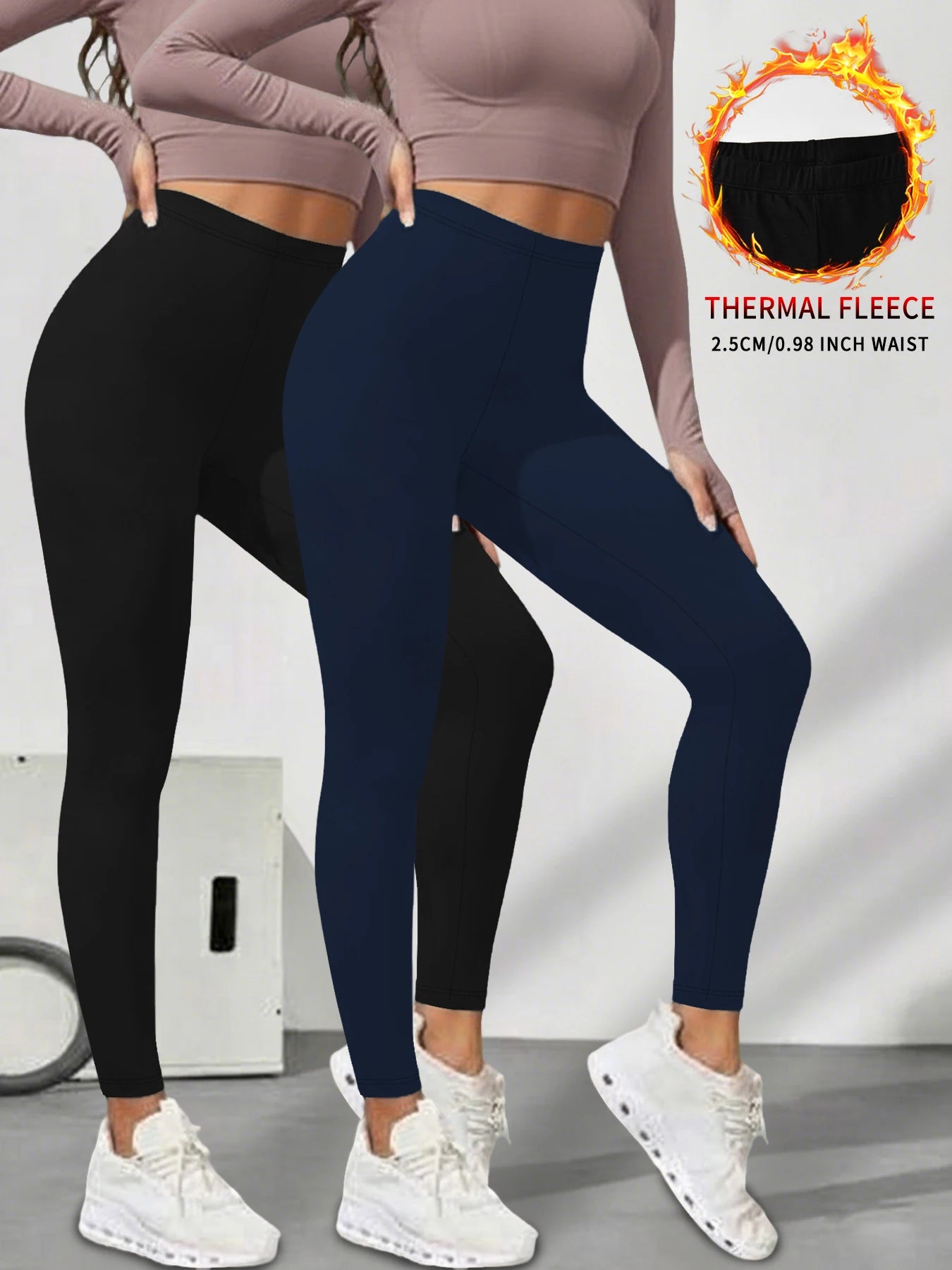 Pack de 2 leggings de cintura baja para mujer, confeccionados en tejido polar con tecnología térmica. Diseñados para correr y practicar yoga en invierno, te mantienen abrigada durante los entrenamientos.