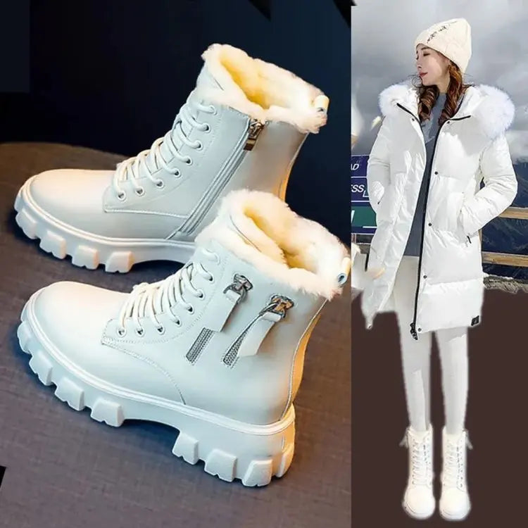 Stiefeletten 2025 Neuer koreanischer Stil mit Fleece gefüttert, Herbst-Winter High-Top Baumwollschuhe, Damenstiefel mit hohem Absatz, mittelhohe Stiefel
