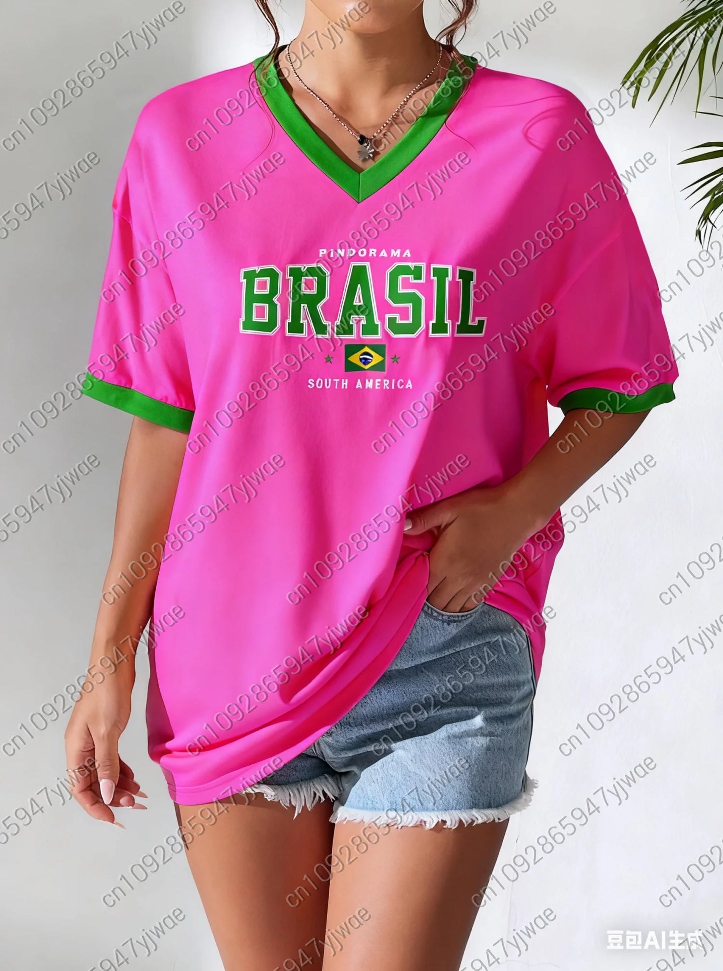 Sommer Damen V-Ausschnitt T-Shirt Brasilien Druck Leicht Atmungsaktiv Kurzarm Baseball T-Shirt Damen Trikot T-Shirt