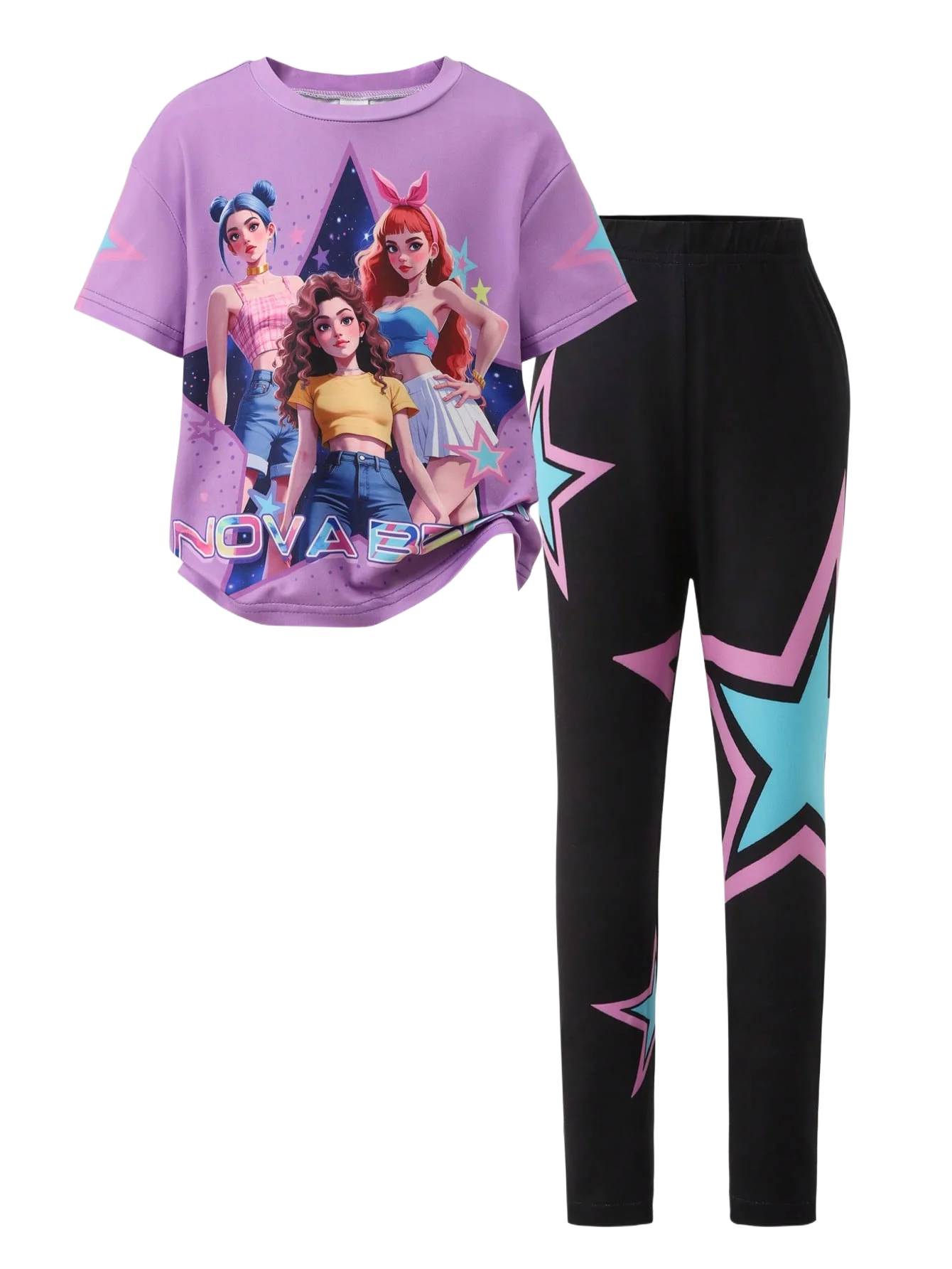 Frühling/Sommer Mädchen Mode Zweiteiliges Set, K-Pop Cartoon Anime 3D Druck Rundhalsausschnitt T-Shirt Enganliegende Hose Set