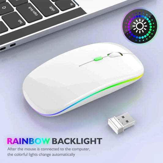 Ratón inalámbrico recargable, silencioso, con iluminación LED para PC y portátil, receptor de 2,4 GHz, Bluetooth, ratón óptico de modo dual