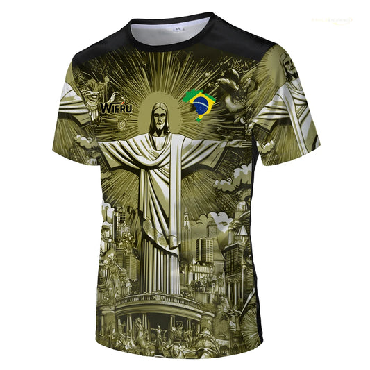 Brasilianische Flagge+Jesus 3D-Druck Sport Schnell trocknend Atmungsaktiv Herren Damen T-Shirt Outdoor Street Kurzarm