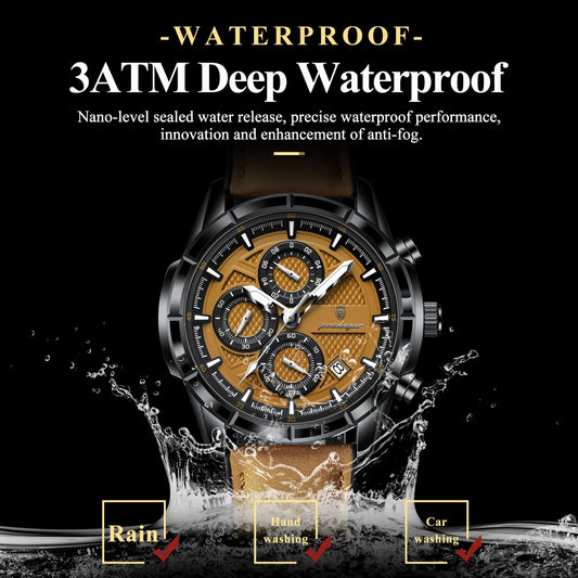 POEDAGAR Luxus Herrenarmbanduhr Quarz Original Leder Herren Uhren Datum Chronograph Wasserdicht Leuchtende Herrenuhr Männlich+Box