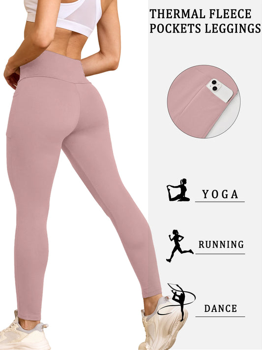 Damen Thermo-Leggings mit Hoher Taille und Taschen – Fleecegefüttert, Bauchformend, Winterwarm, Dicke Strumpfhose, Sport- und Laufhose