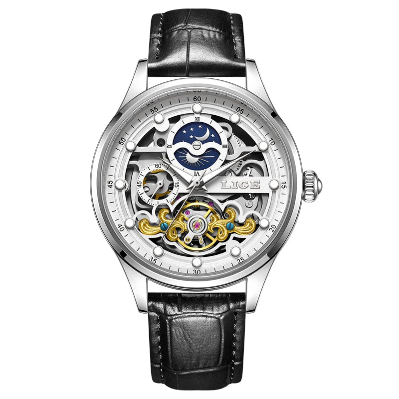 Neue LIGE Skelett Mechanische Automatik-Uhr Herren Tourbillon Sportuhr Freizeit Business Mond Armbanduhr Relojes Hombre
