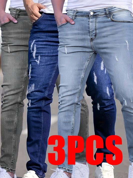 3er-Set Herren-Jeans mit elastischem Bund, Slim Fit, mittlere Dehnbarkeit, einfarbig, normale Länge, gewaschene Details, für alle Jahreszeiten geeignet