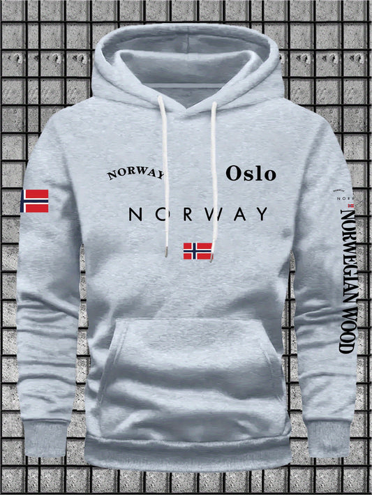 2025 Herren Freizeit Vielseitiger Mode-Hoodie, Norwegischer Buchstabenprint - Pullover-Sweatshirt mit Kängurutasche und elastischem Stoff für Frühjahr/Herbst, Übergröße