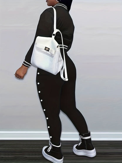 Damen-Set aus roter Jacke und Hose - Lässiges Polyester mit Buchstaben-„B“-Aufnähern, Knopfverschluss und gestreiften Akzenten