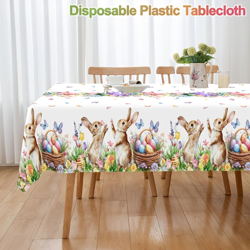 1 Stück festliche Tischdecke mit verspielten Motiven von Hasen, Ostereiern und Tulpen, Maße 130 x 220 cm. Diese Einweg-Kunststoff-Tischdecke in rechteckiger Form ist perfekt für Osterfeiern, Picknicks und heimisches Essen.