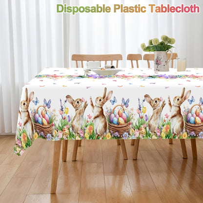 1 Stück festliche Tischdecke mit verspielten Motiven von Hasen, Ostereiern und Tulpen, Maße 130 x 220 cm. Diese Einweg-Kunststoff-Tischdecke in rechteckiger Form ist perfekt für Osterfeiern, Picknicks und heimisches Essen.