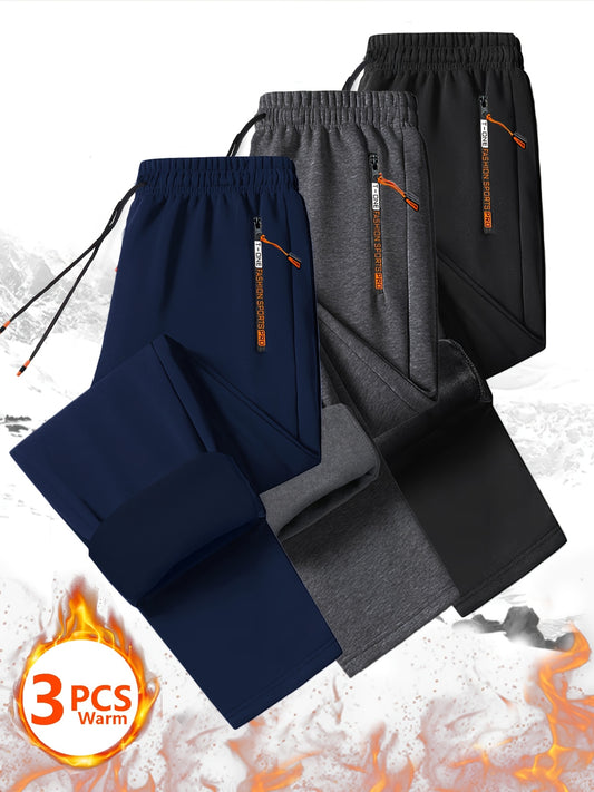 3 Stück Herren Winter Warme Fleece-Sweatpants mit Reißverschlusstaschen , einfarbig, Fitnessstudio & Outdoor-Aktivitäten, Trainingshose