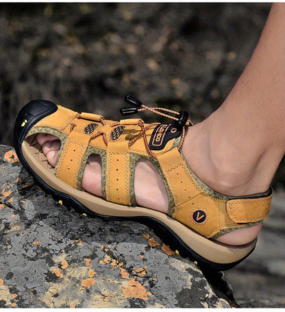 CLOHOO Marke Rindsleder Gummisohle Dicke Sohle Handgefertigte Freizeit Geschlossene Zehen Herren Sandalen