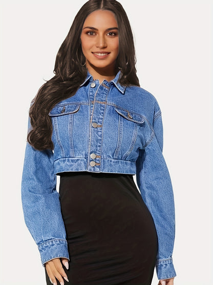 Einreihige Jeansjacke mit langen Ärmeln und Kragen, Oversize-Design mit Klappentaschen, kurze Jeansjacke, Damen-Jeans und Kleidung