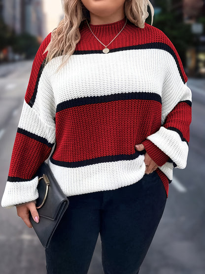 Übergröße, Neuer gestreifter Pullover für Damen Herbst/Winter, Farbblock-Lässig-Stil, Langarmshirt mit Rundhalsausschnitt