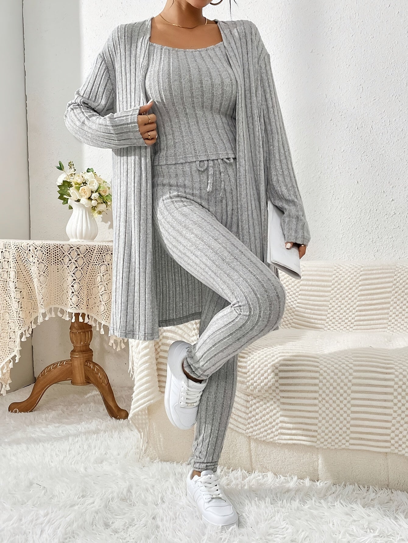 Übergröße, Damen Freizeit Strickjacke mit langen Ärmeln, Top und enge Hose Set, Übergröße Damen Herbst/Winter Dreiteiliges Hosen-Set