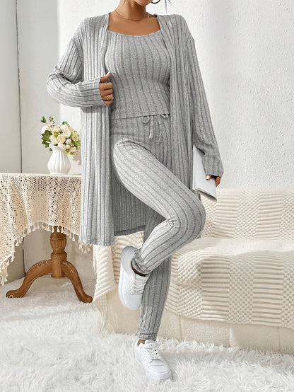 Übergröße, Damen Freizeit Strickjacke mit langen Ärmeln, Top und enge Hose Set, Übergröße Damen Herbst/Winter Dreiteiliges Hosen-Set