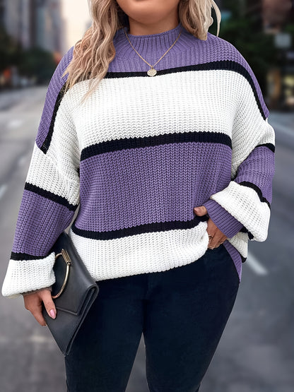 Übergröße, Neuer gestreifter Pullover für Damen Herbst/Winter, Farbblock-Lässig-Stil, Langarmshirt mit Rundhalsausschnitt