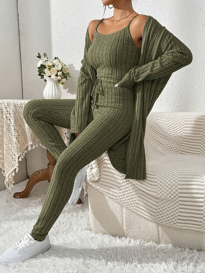 Übergröße, Damen Freizeit Strickjacke mit langen Ärmeln, Top und enge Hose Set, Übergröße Damen Herbst/Winter Dreiteiliges Hosen-Set