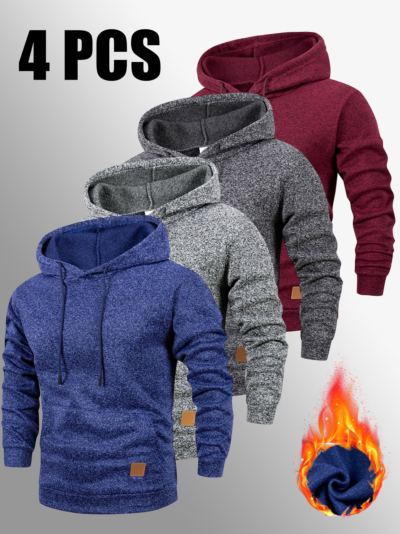 4er-Set Warmes Kapuzenpullover-Set, Herbst-Winter Freizeit Minimalistisches einfarbiges Langarm-Thermooberteil mit Kängurutasche und verstellbarer Kapuze mit Kordelzug