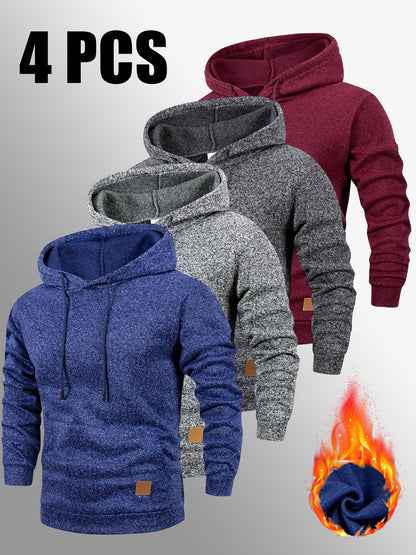 4er-Set Warmes Kapuzenpullover-Set, Herbst-Winter Freizeit Minimalistisches einfarbiges Langarm-Thermooberteil mit Kängurutasche und verstellbarer Kapuze mit Kordelzug