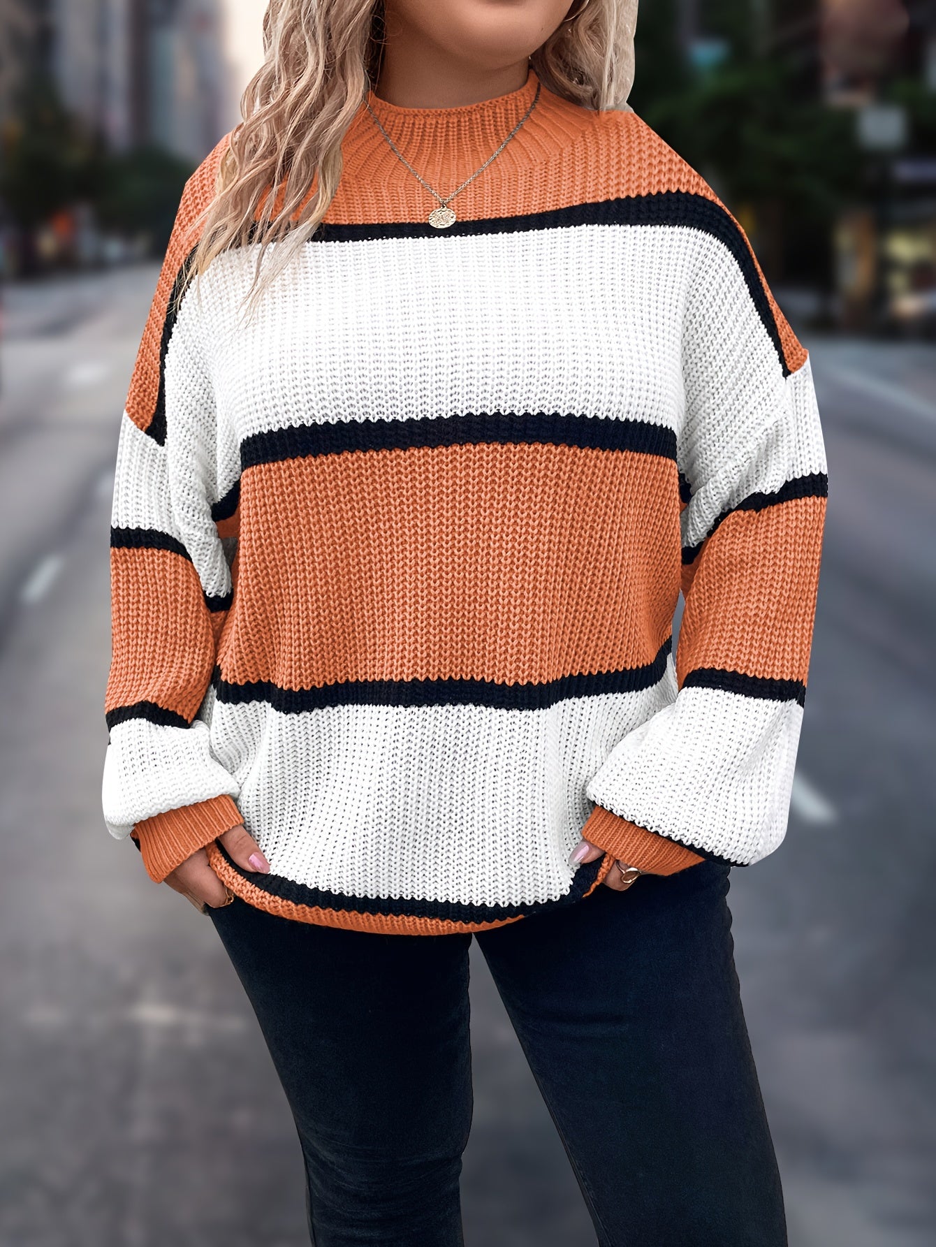 Übergröße, Neuer gestreifter Pullover für Damen Herbst/Winter, Farbblock-Lässig-Stil, Langarmshirt mit Rundhalsausschnitt