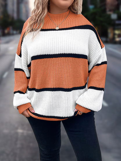Übergröße, Neuer gestreifter Pullover für Damen Herbst/Winter, Farbblock-Lässig-Stil, Langarmshirt mit Rundhalsausschnitt