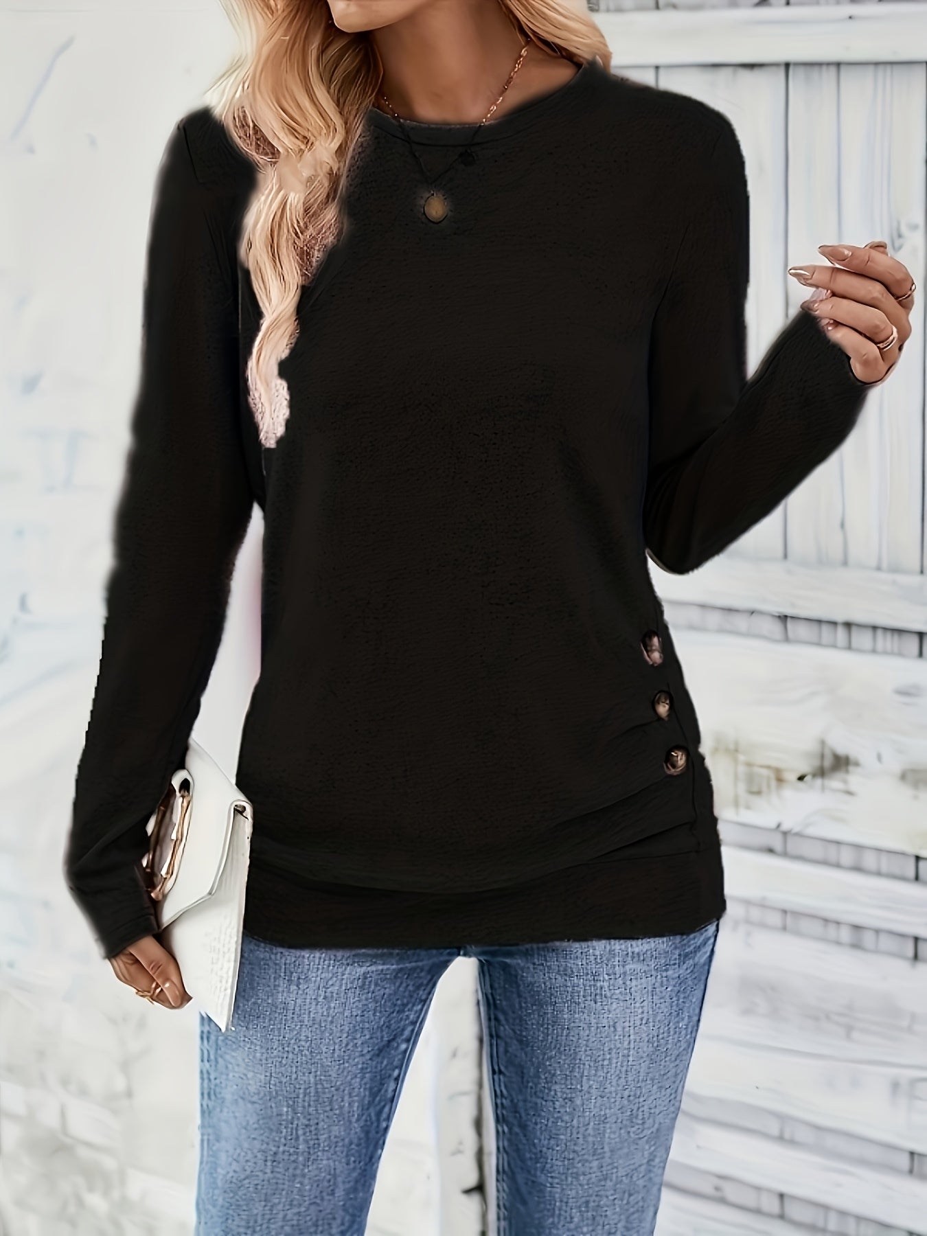 Übergrößen - 3-teiliger Damen-Set: Locker sitzendes Langarm-Casual-Top mit seitlichen Knöpfen | Rundhalsausschnitt, mittlere Dehnbarkeit, einfarbig für Herbst/Winter