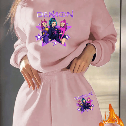 Sweatshirt/Sweatpants Set, Futter aus Fleece und kreativen „HUNTERS“-Charakterdrucken, Jogginganzug, mit Fleece gefüttert und verdickt warmes Sweatshirt