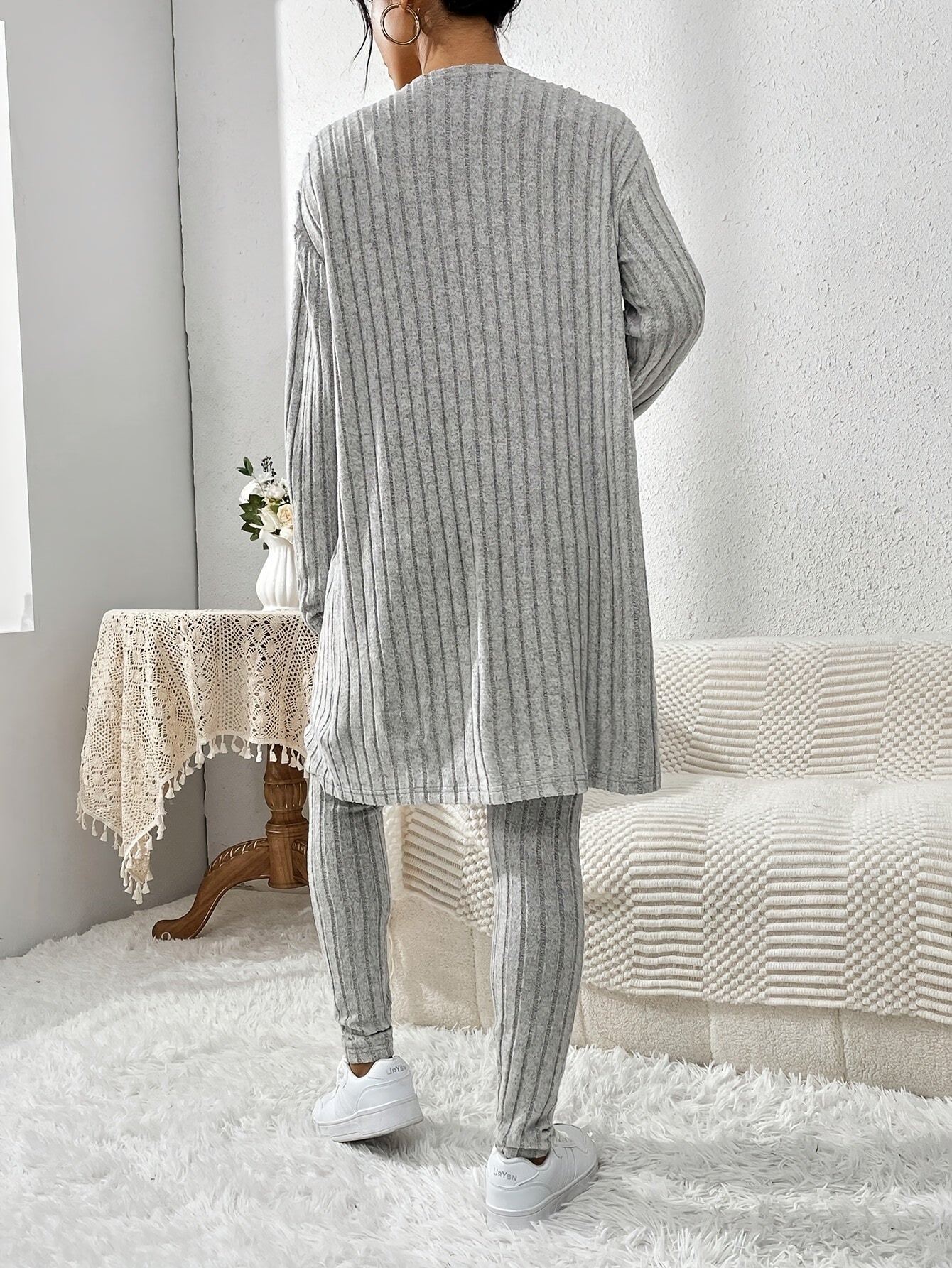 Übergröße, Damen Freizeit Strickjacke mit langen Ärmeln, Top und enge Hose Set, Übergröße Damen Herbst/Winter Dreiteiliges Hosen-Set