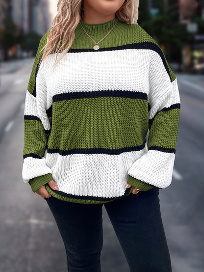 Übergröße, Neuer gestreifter Pullover für Damen Herbst/Winter, Farbblock-Lässig-Stil, Langarmshirt mit Rundhalsausschnitt