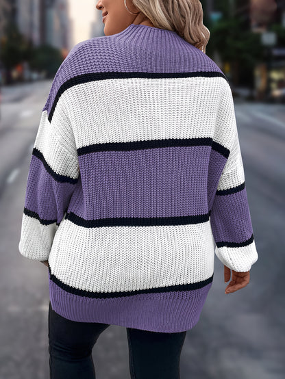Übergröße, Neuer gestreifter Pullover für Damen Herbst/Winter, Farbblock-Lässig-Stil, Langarmshirt mit Rundhalsausschnitt