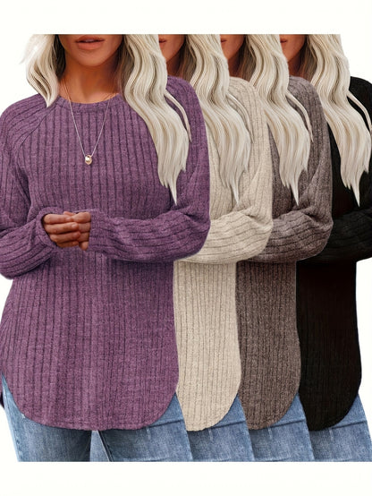 Vierteiliges Set Damenmode Oberteil Herbst Winter Basic Locker Elegant Rundhals Langarm Pullover