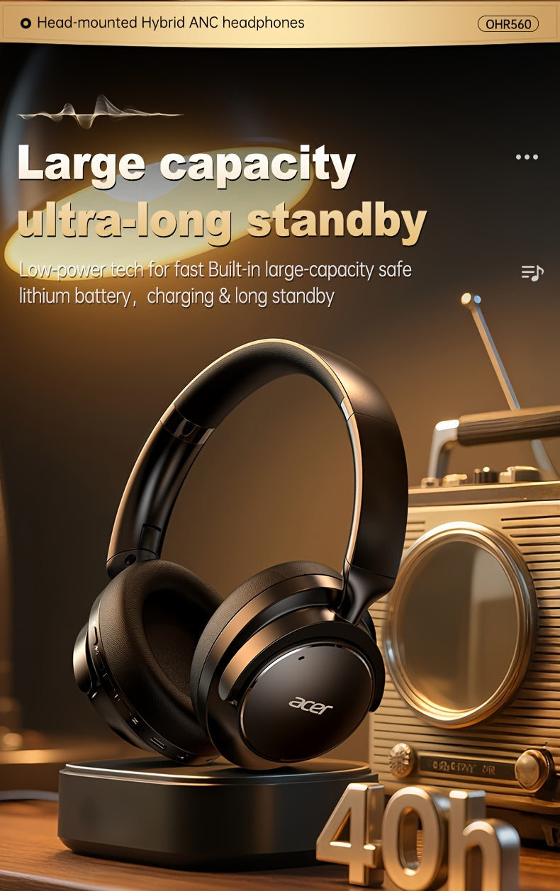 Acer Ohr560 Kabellose Kopfhörer | Over-Ear mit ANC Geräuschunterdrückung, Vollumfassendes Ohrdesign, Faltbar, Eingebautes Kondensatormikrofon, Hi-Fi Stereo Sound, HD ENC Anrufgeräuschreduzierung, Kompatibel mit 3,5-mm-Audiokabel, USA