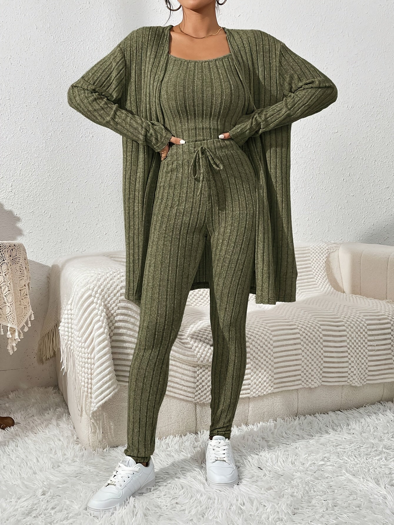 Übergröße, Damen Freizeit Strickjacke mit langen Ärmeln, Top und enge Hose Set, Übergröße Damen Herbst/Winter Dreiteiliges Hosen-Set