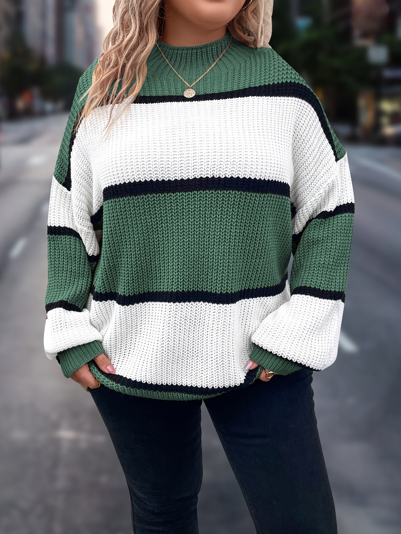 Übergröße, Neuer gestreifter Pullover für Damen Herbst/Winter, Farbblock-Lässig-Stil, Langarmshirt mit Rundhalsausschnitt