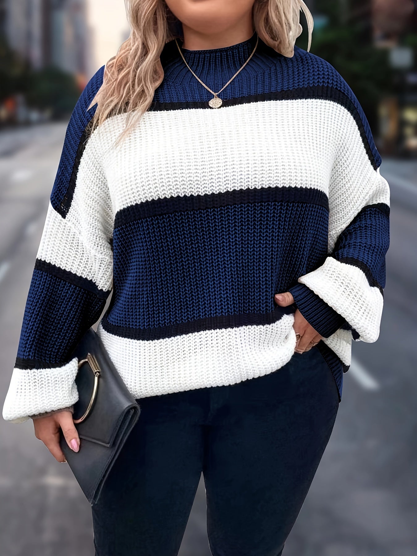 Übergröße, Neuer gestreifter Pullover für Damen Herbst/Winter, Farbblock-Lässig-Stil, Langarmshirt mit Rundhalsausschnitt