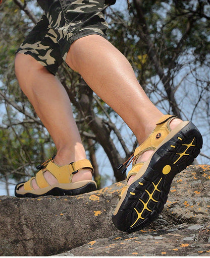 CLOHOO Marke Rindsleder Gummisohle Dicke Sohle Handgefertigte Freizeit Geschlossene Zehen Herren Sandalen