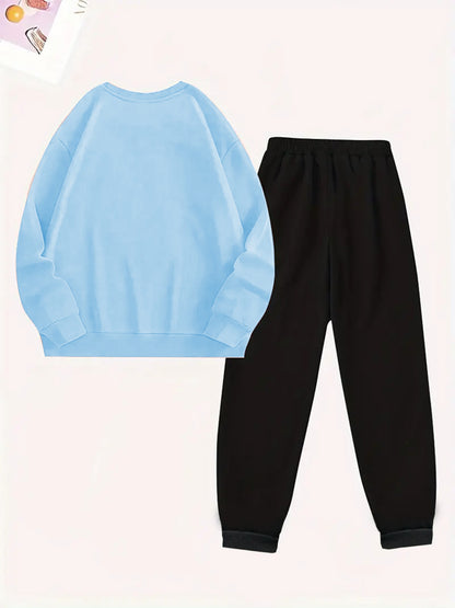 2-teiliges künstlerisches, elegantes Grafik-Slogan-gedrucktes Y2K-Stil neues Damen-Casual-Sport Set mit Rundhals-Pullover mit langen Ärmeln und Hose